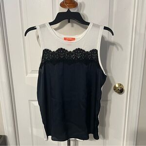 Joe Fresh Black Lace Accent Navy Blue White Blouse